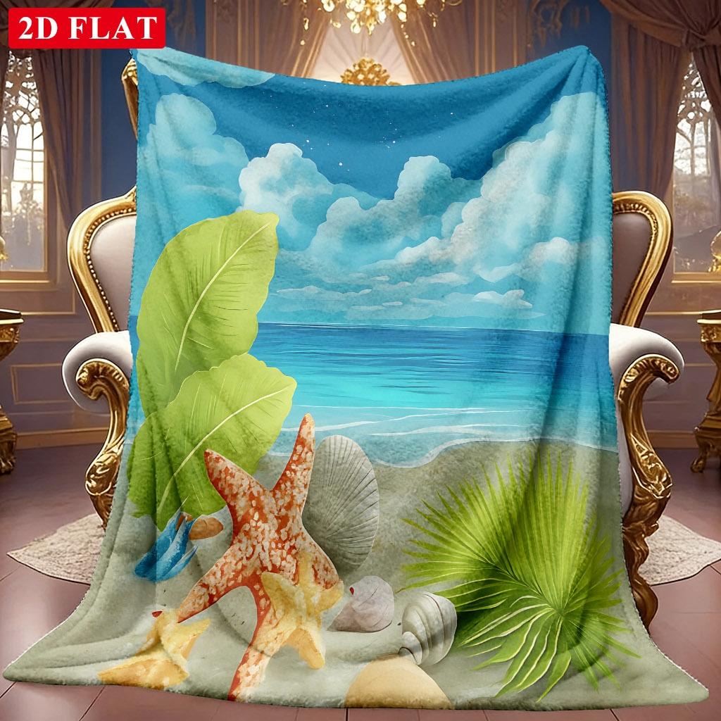 1pc 2D Beach Starfish Seashell Theme Pattern Flannel Blanket, Soft HD Digital Print, Cooling Blanket All-Season Use! Soft And Breathable 100% Polyeste