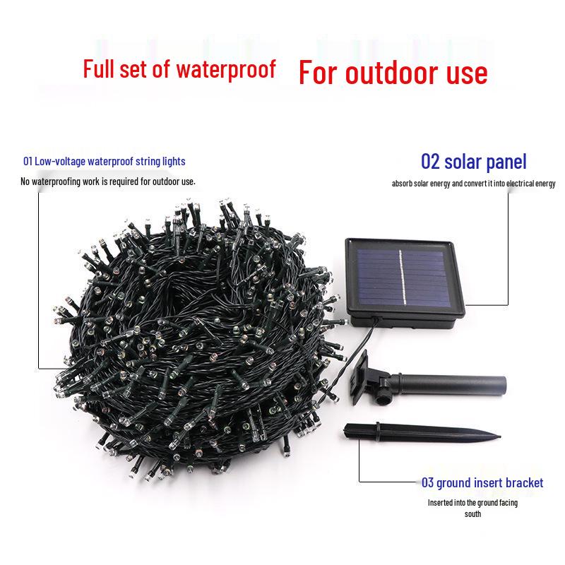 Remote-Control Solar Fairy String Lights, Waterproof, Dark Green Wire, Flashing Mode, for Christmas, Courtyard, Starry Sky, and Camping Décor.