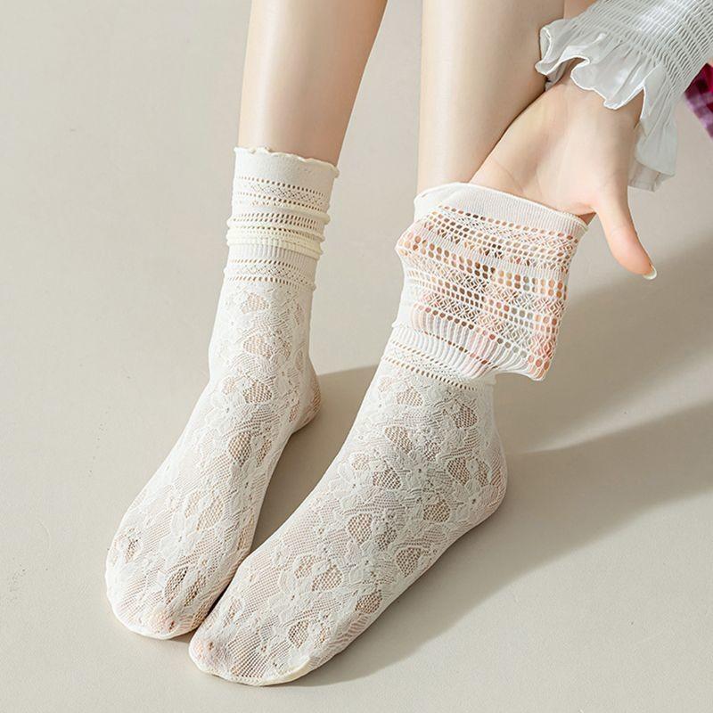 Women's White Lace Scrunch Mid-Calf Summer Socks - Mesh, JK Style, Ideal for Mary Jane Shoes