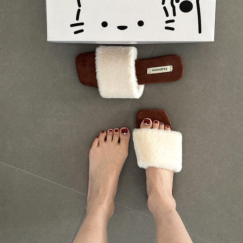 Retro temperament casual cotton drag square head girls fluffy slippers autumn and winter fashion comfortable one-word cotton slippers