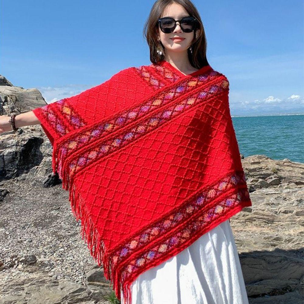 Stripe Knitted Cape Printing Tassel Scarves Simple Ethnic Style Scarf  Autumn Winter
