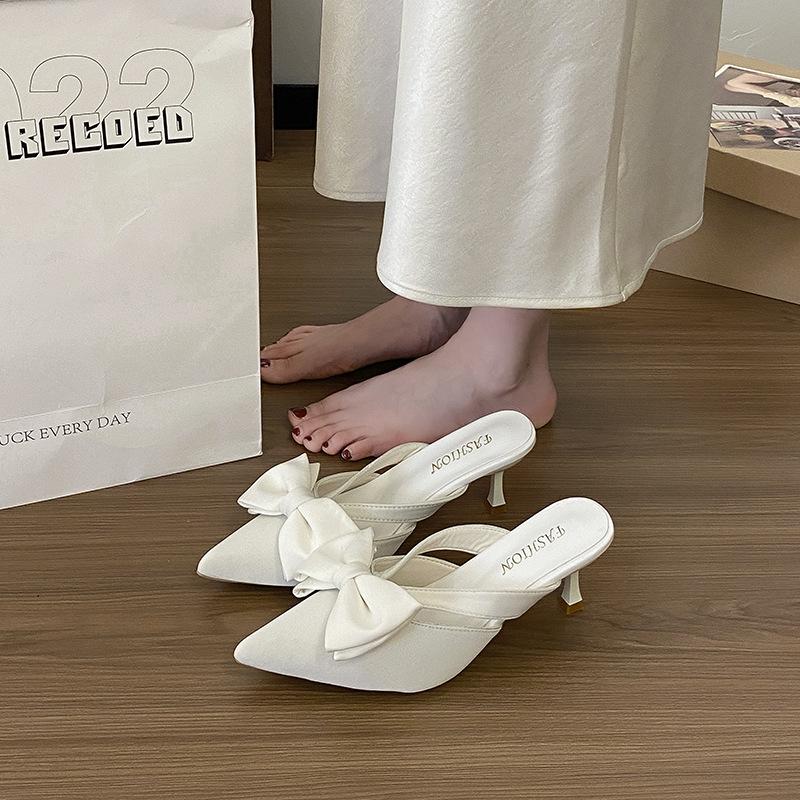 High-heeled Half-bag Head Slippers Women's Spring and Summer 2025 French Pointed Bow Hollow Fairy Style Pink Sandals