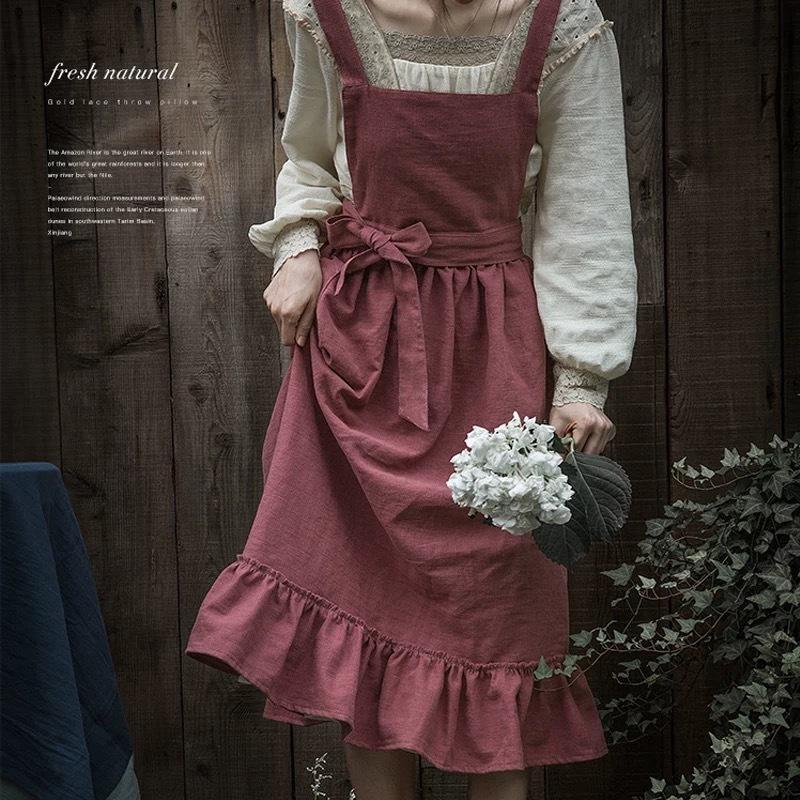 

Винтажный фартук с художественным деревенским льном, цветочный дизайн, оборчатый подол, кухонный фартук для выпечки, однотонный в скандинавском стиле, как у домашних поваров One Size красный