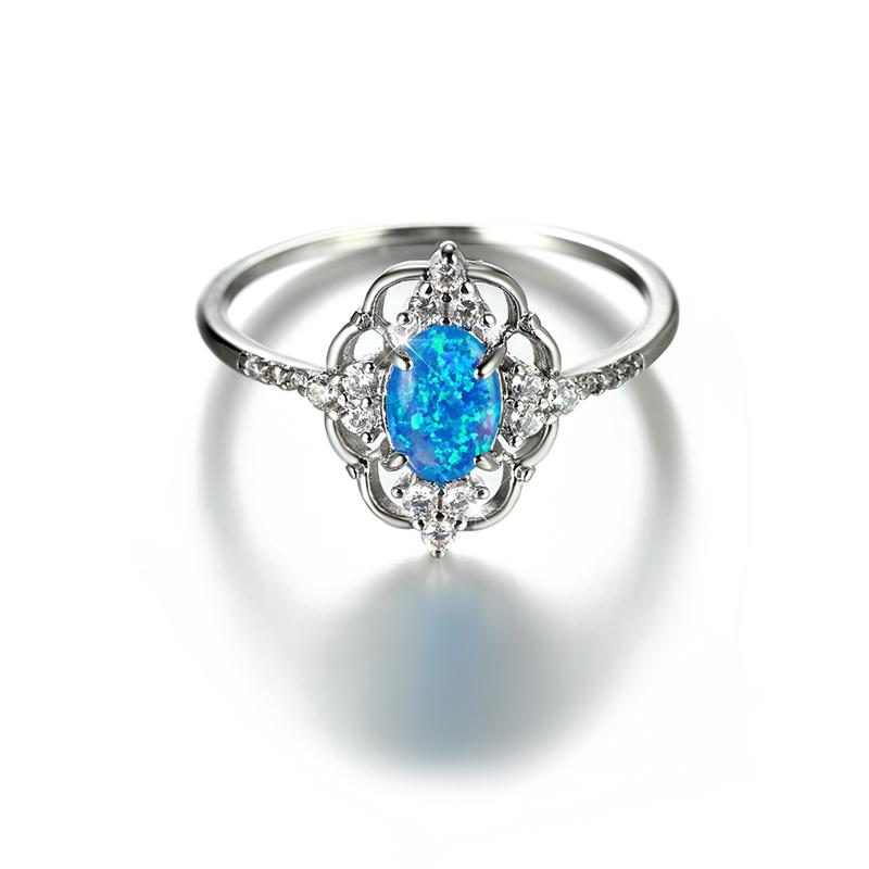 Vintage Hollow Flower Engagement Ring White Blue Oval Stone Delicate Silver Color Rings for Women Bridal Jewelry