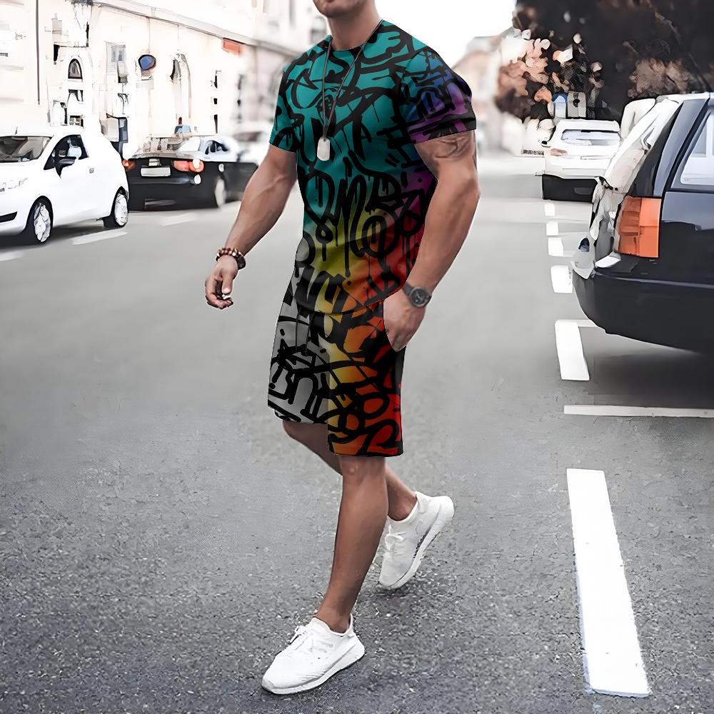 Summer Men's Short Sleeve Tee Shorts Set Casual Men's Sports T-shirt Shorts 2-piece Set Quick Dry Breathable Drawstring T Shirts