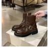 Grape Mother Same Retro Round Head Thick Heel Locomotive Boots Temperament Versatile Belt Buckle Side Zipper Medium Boots Women's Autumn and Winter