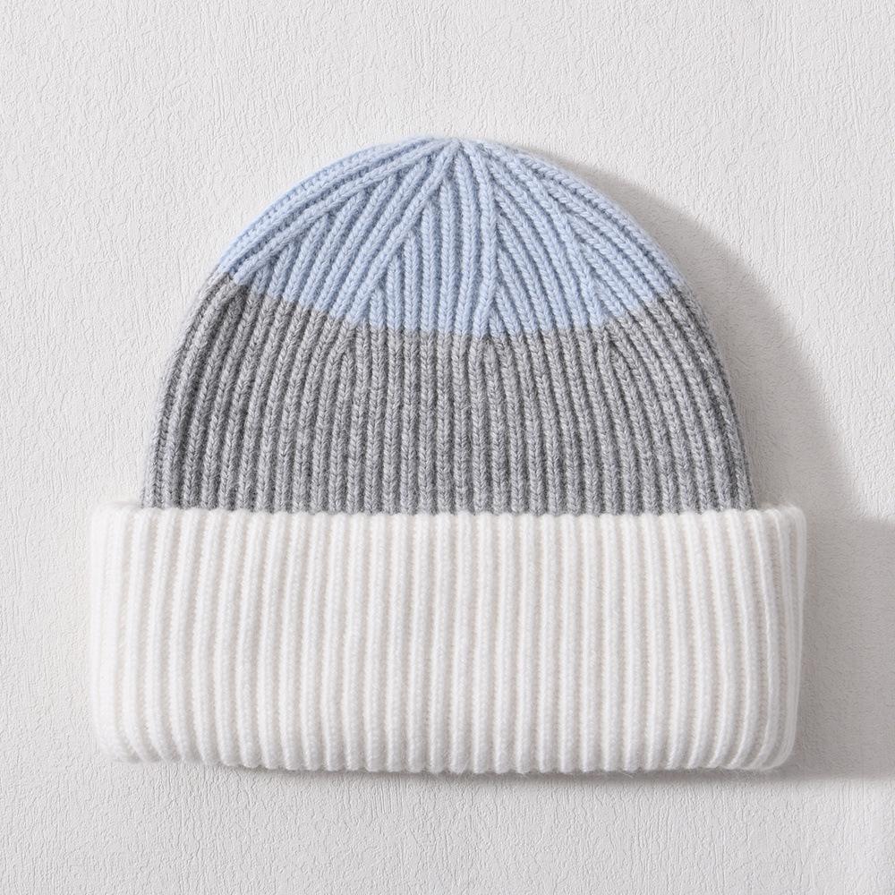Color Matching Rabbit Plush Wool Hat Double-layer Flipped Brim Versatile Knitted Hat Warm Autumn and Winter Fashion Windproof Striped Hat Women