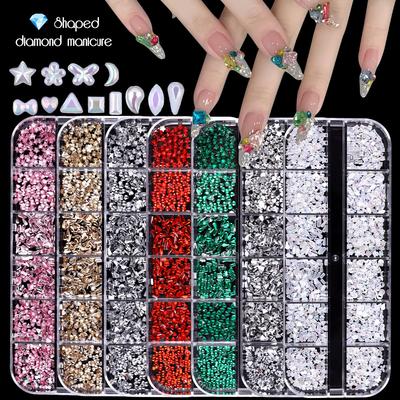 Nail Art Jewelry 12 Grid Silver Mini Special-Shaped Diamond Acrylic Star Love Water Drop Bow Mixed Flat Bottom Diamond