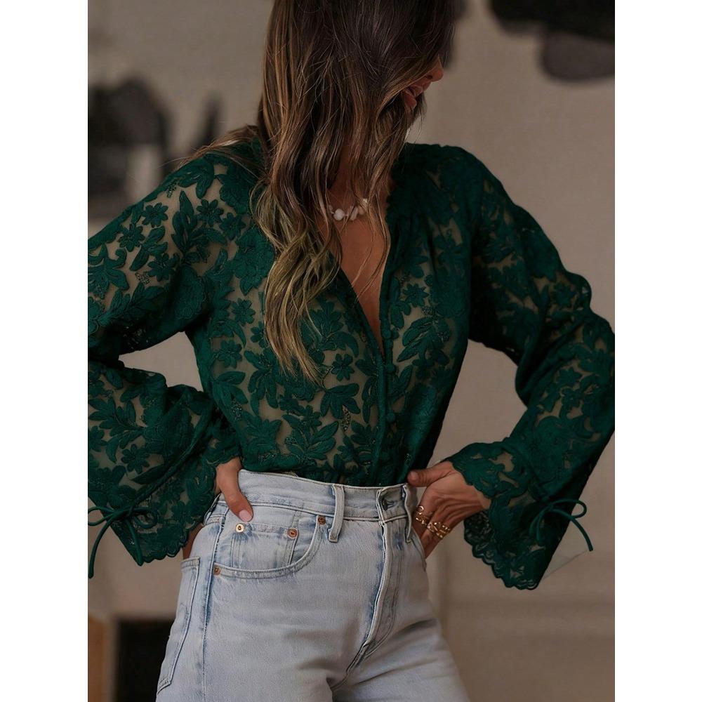 Women's V Neck Long Sleeve Blouse A-Line Fit Casual Floral Lace Shirt Semi Sheer Flare Cuff Button Front Top For Spring Daily Commuter Outfit