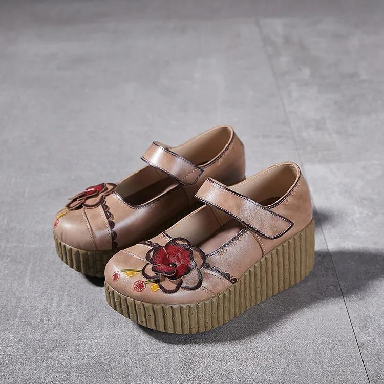 Fashion GKTINOO Retro Pumps Women Shoes Genuine Leather Hook & Loop 2025 New Spring Round Toe Floral Handmade Concise Platform Shoes