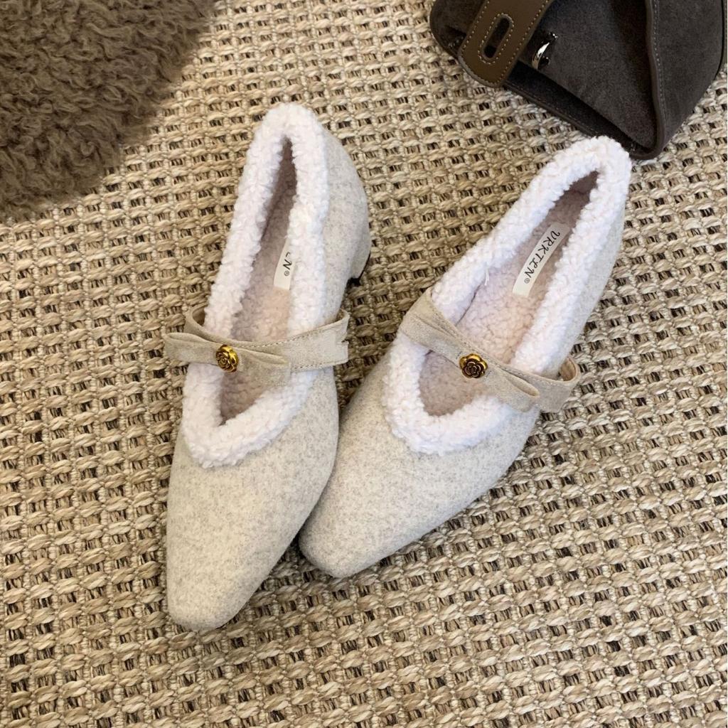 New winter fashion small pointed bow short thick heel velvet warm princess women's single shoes