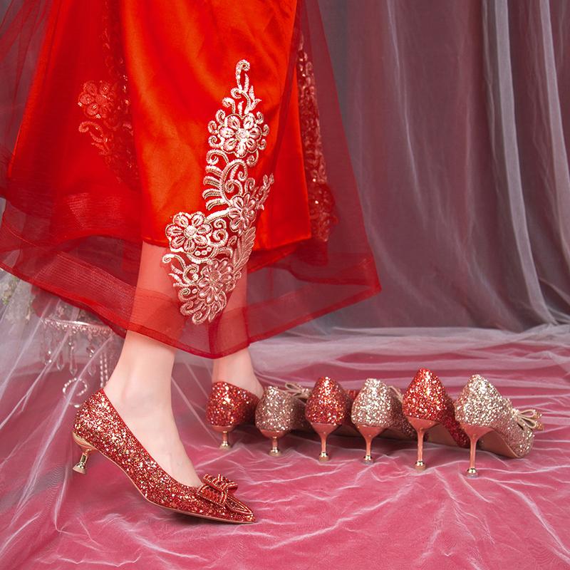 Bling Sequins Red Pumps Women Sexy Crystal Bow Thin Heels Bride Shoes for Wedding Woman Slip-On Shining High Heels Dance Shoes