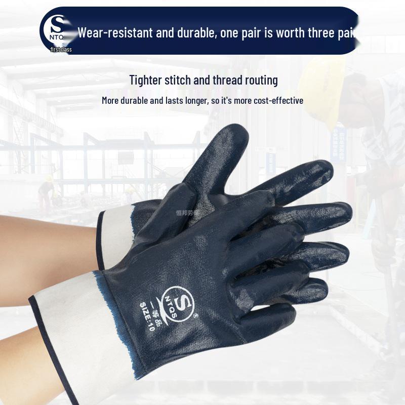 QS Blue Large-Mouth Oil & Wear-Resistant Nitrile Canvas Gloves for Auto Repair & Welding
