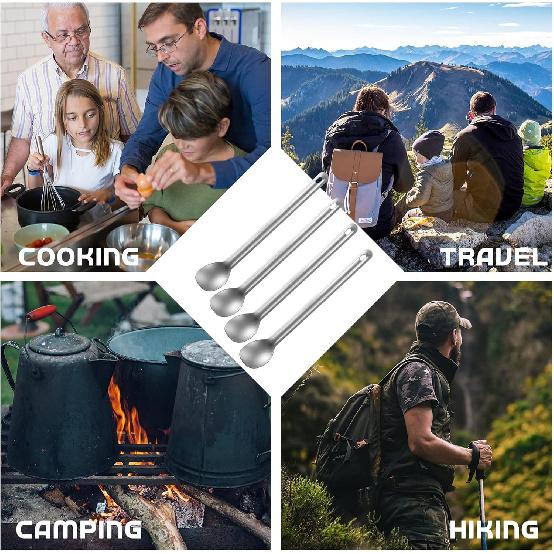 Hoolerry 4 Pieces Camping Spoon Long Handle Spoon Titanium Spoon Lightweight Ultralight Portable Flatware Soup Spoon Utensil for Outdoor Camping