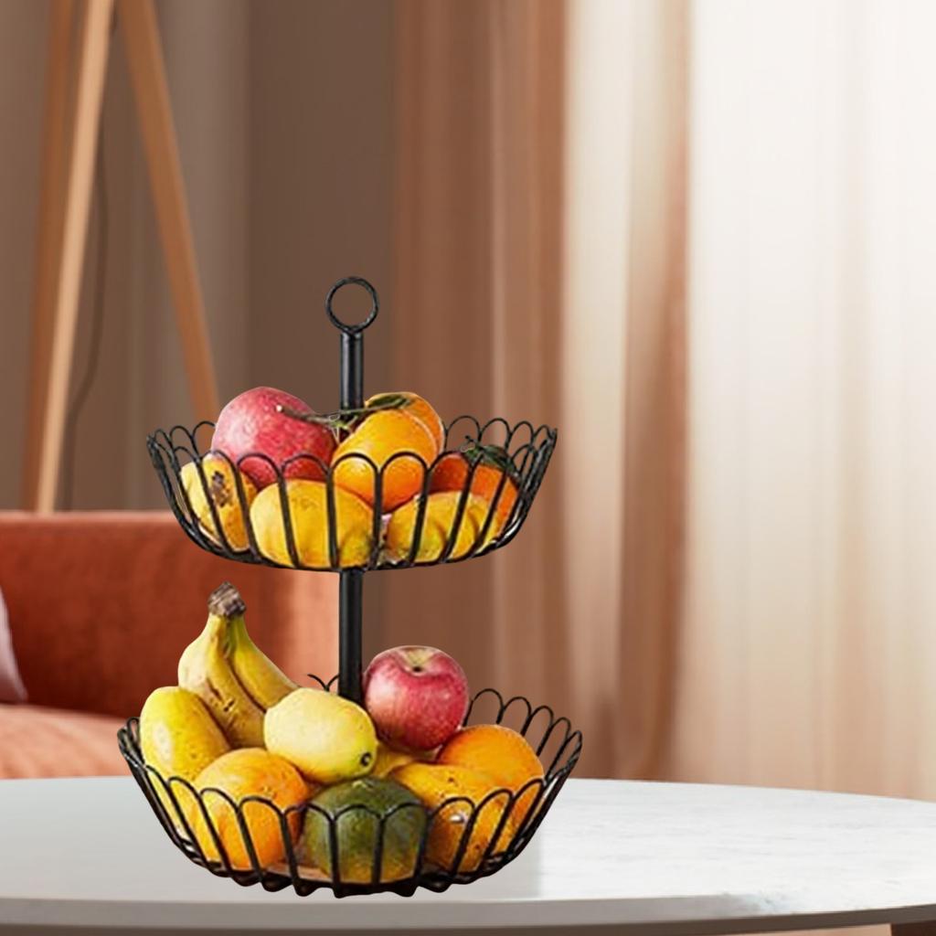 2 Tier Fruit Basket Storage Stand Candy Wooden Base Iron Wire Vegetable Bowl Food Serving Parties Candy Tiered Storage Stand