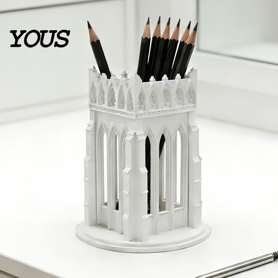 Medieval Style Pencil Holder Gothic Pen Holder, Cathedral Makeup Brush 3D Printed Church Architecture Desk Organizer Organizer, Vanity Storage Cup for