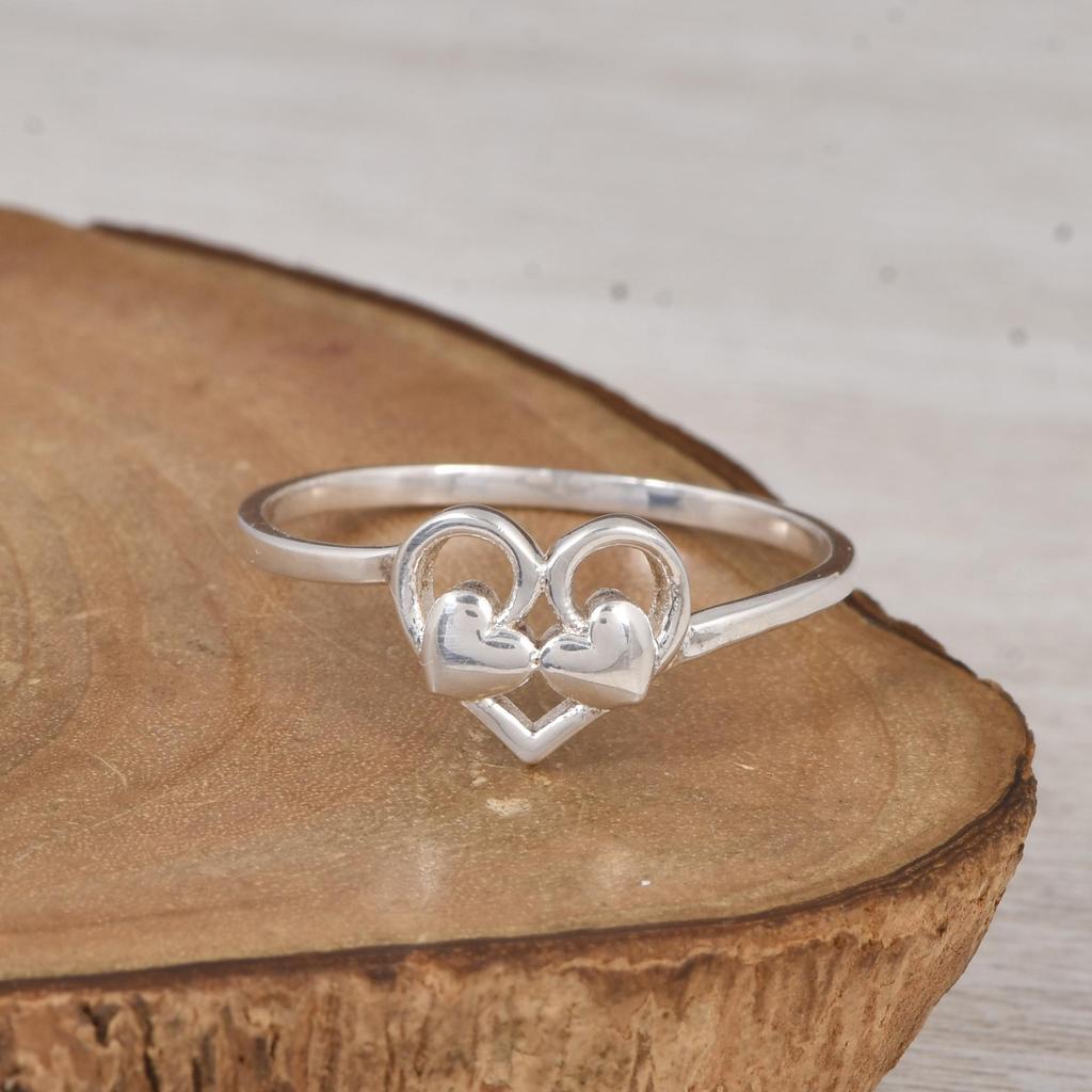 Double Heart Silver Ring, 925 Sterling Silver Minimalist Love Ring, Open Heart Design Dainty Ring Gift for Her.