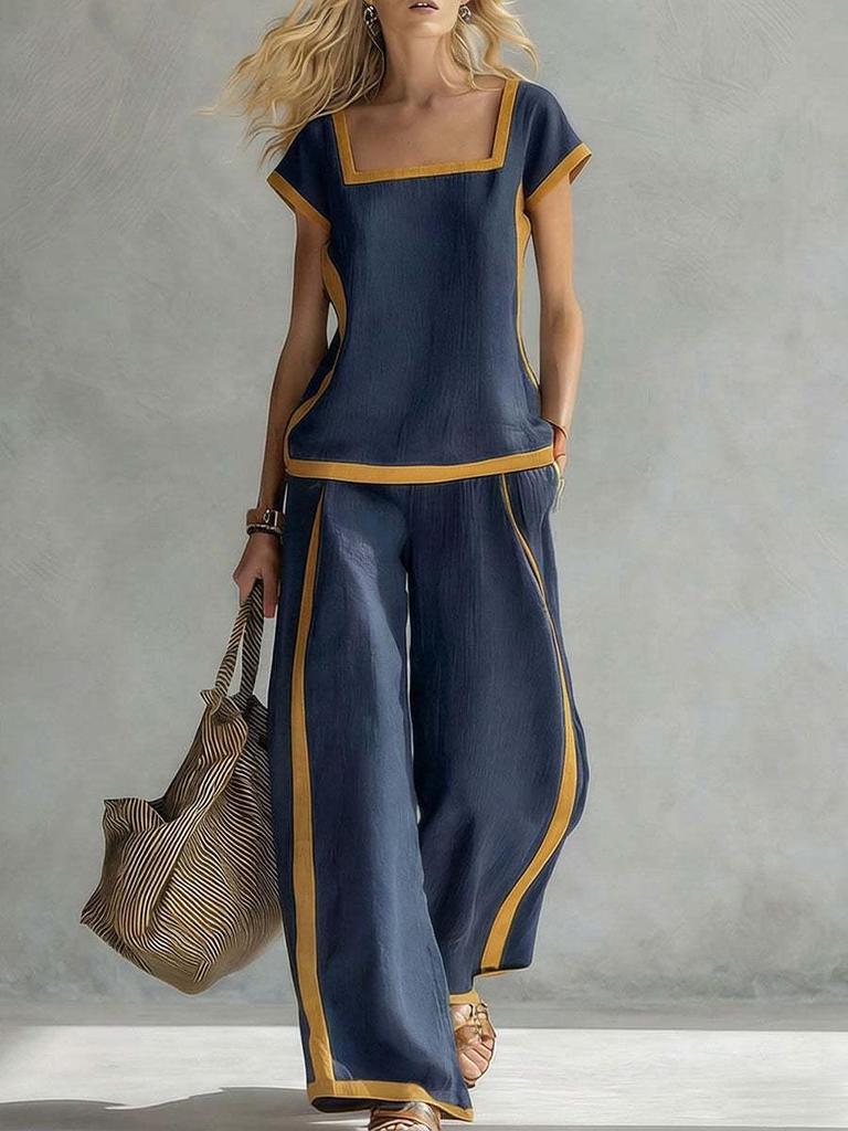 2026 Spring/Summer Women's Color Block Square Neck Top & Wide-Leg Pants Two-Piece Set