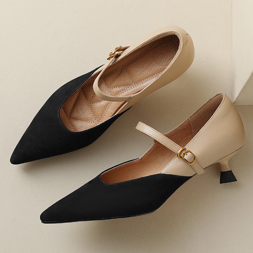 

Plus Size 34-42 Women s Natural Suede Leather Sheepskin Patchwork Kitten Heel Pointed Toe Mary Jane Pumps Elegant Ladies Heels 3.5