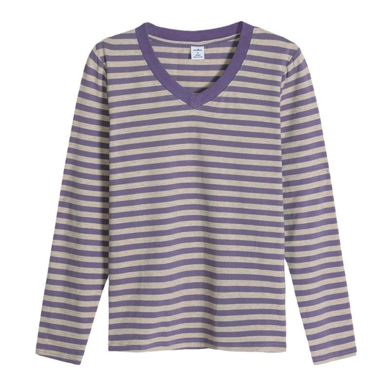 Women's Striped V-neck Long-sleeve Stretchy Casual T-shirt