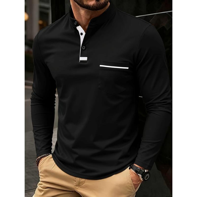 Men S Stand Collar Henley Long Sleeve Casual Polo Shirt S
