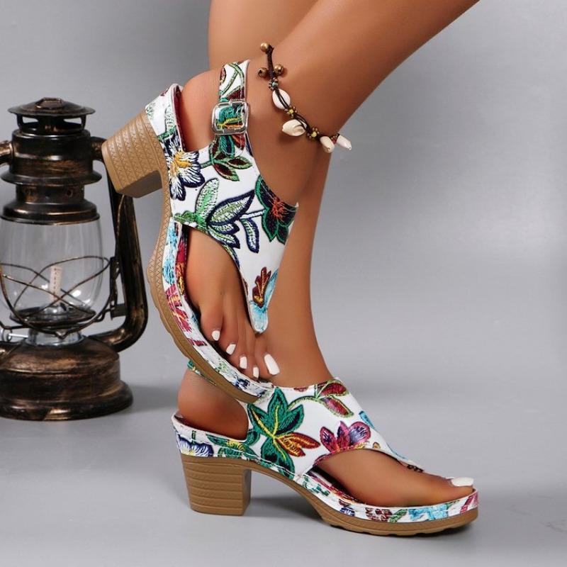 Large Size Medium Heel Printed Herringbone Sandals Women Wear High-heeled Sandals In Summer
