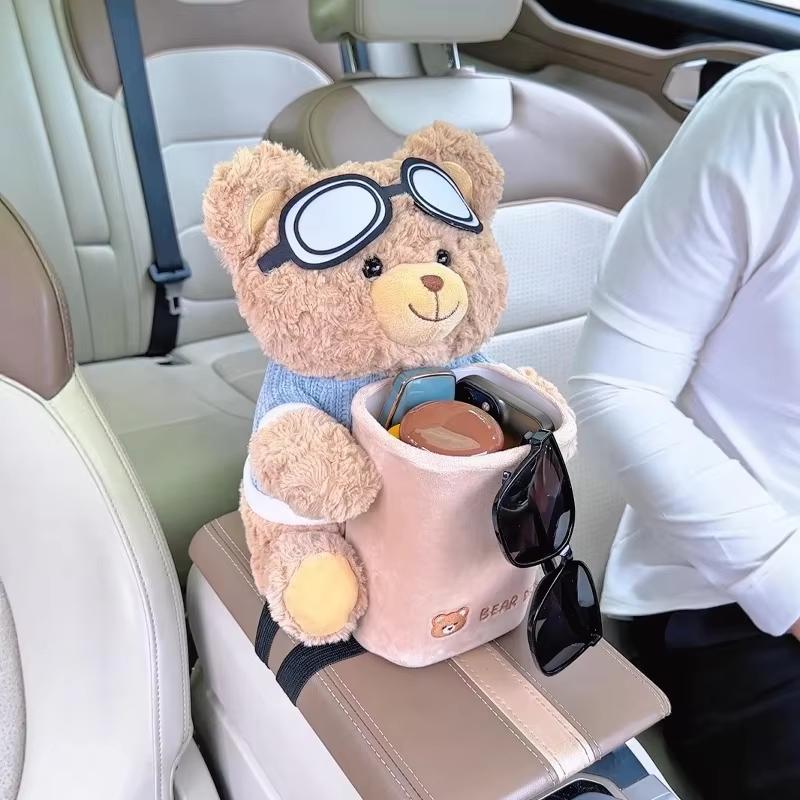 2 in 1 Cute Bear Car Tissue Box & Waste Bin Multifunctional Armrest Storage for Small Auto Accessories
