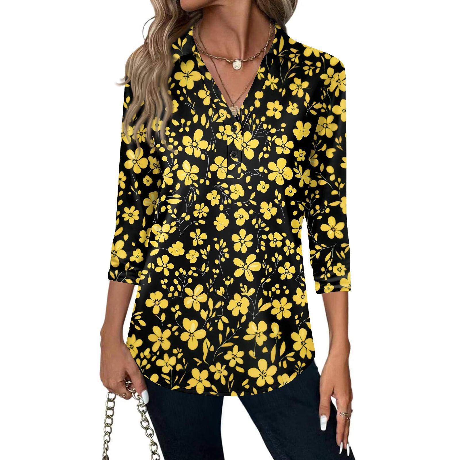 

Women s Fashion Casual Lapel Short 3/4 Sleeve Print Shirt Women s V-Neck Button Tops S жовтий