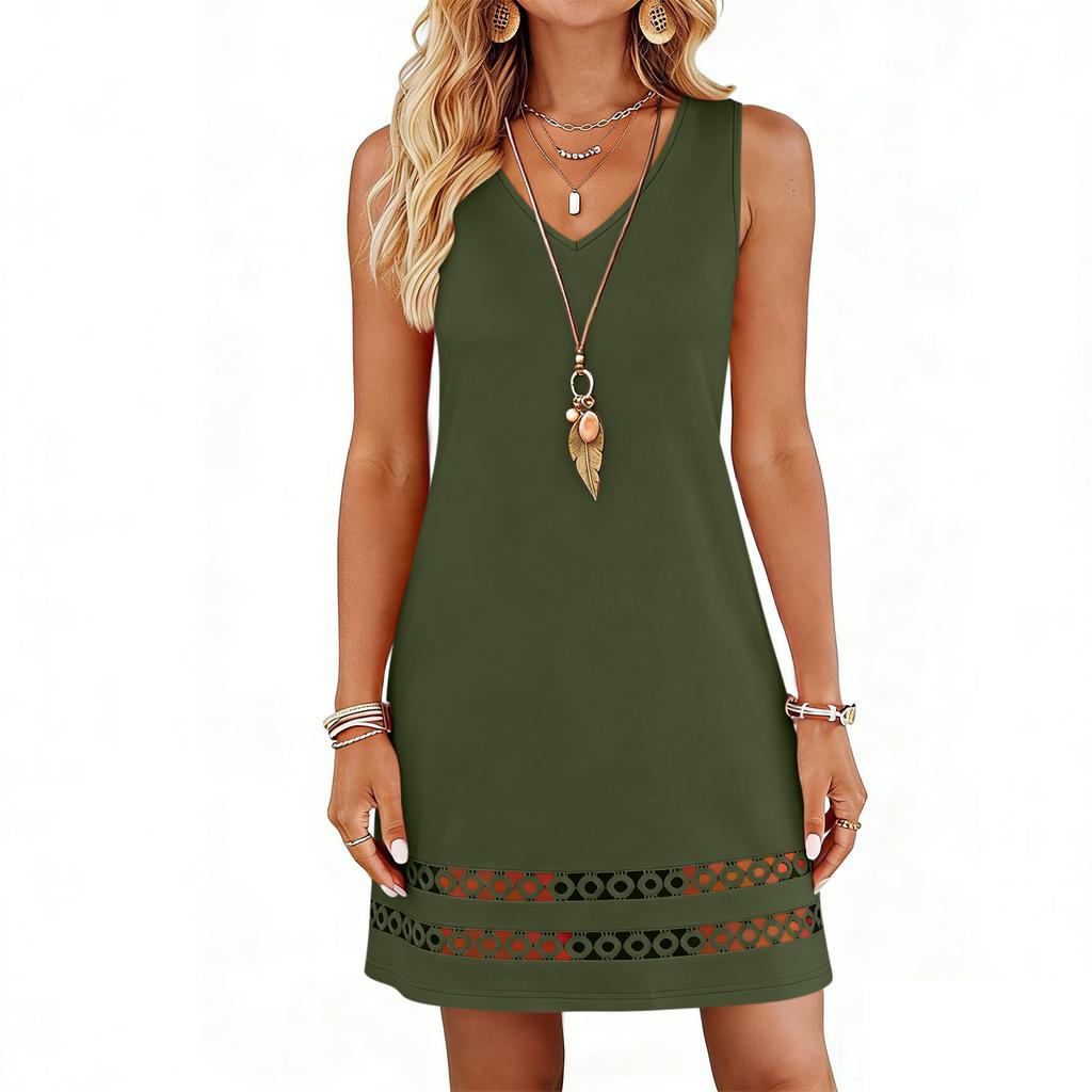 Women Sleeveless V Neck Casual Dress with Hollow Out Hem A Line Loose Fit Summer Sundress for Daily Wear Holiday Beach