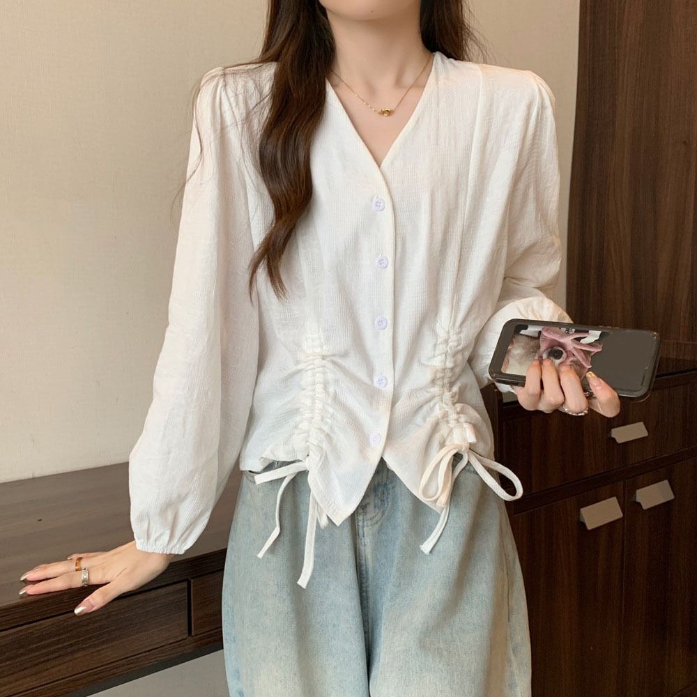 Loose Long Sleeve Shirts V-neck Ladies Shirt Top Sweet Lace-up Drawstring Blouse  Girls