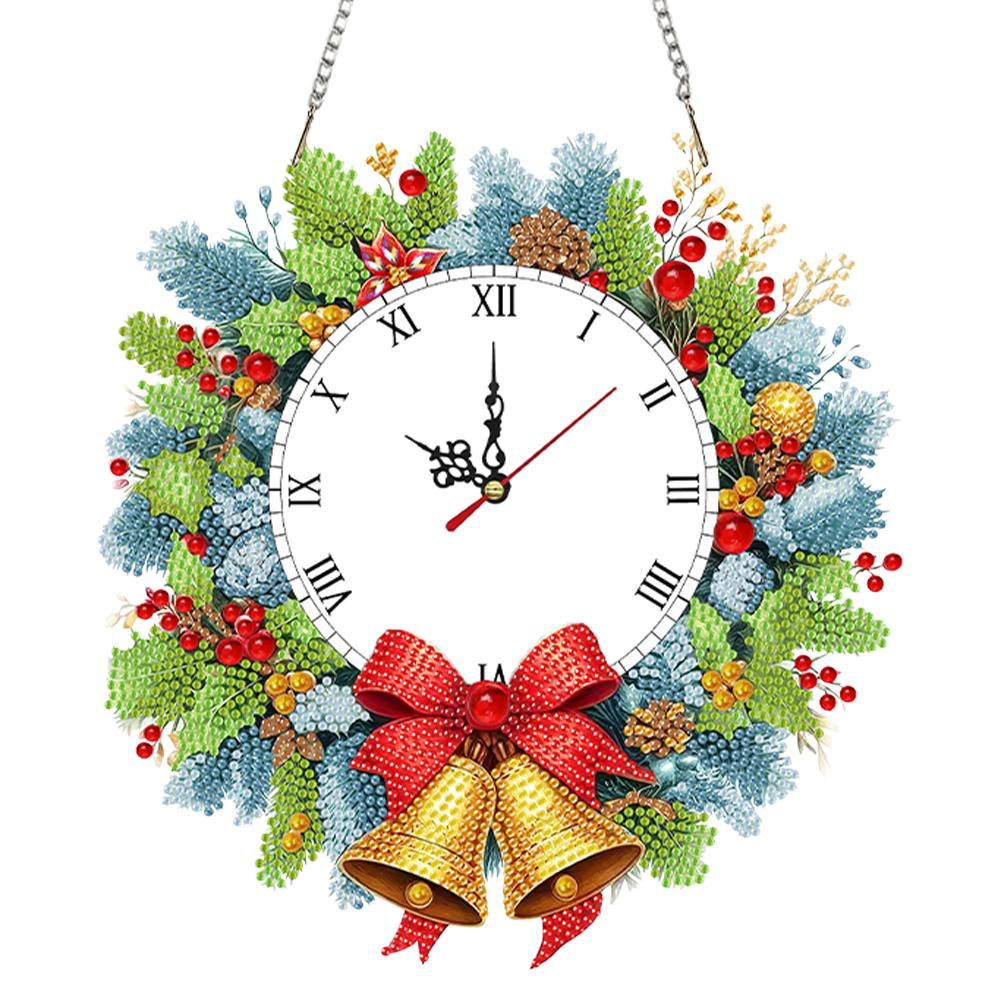 2D/Flat DIY Christmas Acrylic Diamond Painting Ornament with Clock Function Diamond Painting Clock Pendant for Home Decoration