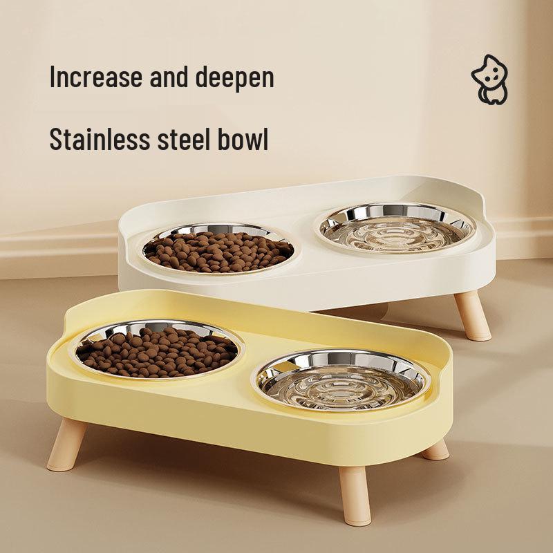 Cross-Border Stainless Steel & Ceramic Dual Cat & Dog Bowl: Anti-Tip, Splash-Proof, Neck Protection Design for Food & Water.