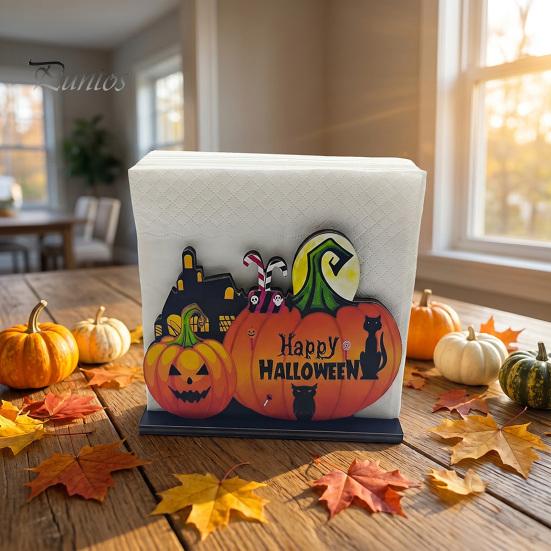 Fall Table Decor Halloween Wooden Napkin Holder, Ghost Pumpkin Decorative Tabletop Tissue Dispenser, Square Storage Box Paper Organizer for