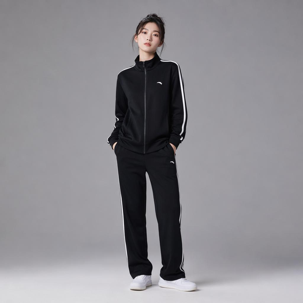 Anta Cotton Comfortable Solid Color Zip Jacket And Elastic Straight Leg Breathable Long Pants Casual Set Women Sets Basic-Black 962357201-1