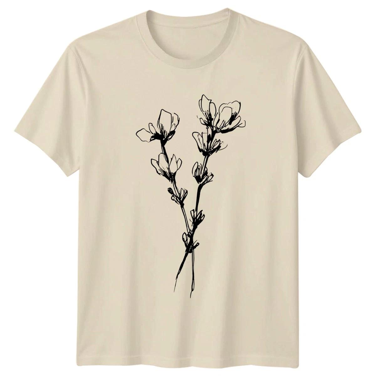 Simple Line Drawing Wildflower Botanical Womens T-Shirt Minimalist Sketch Floral XL