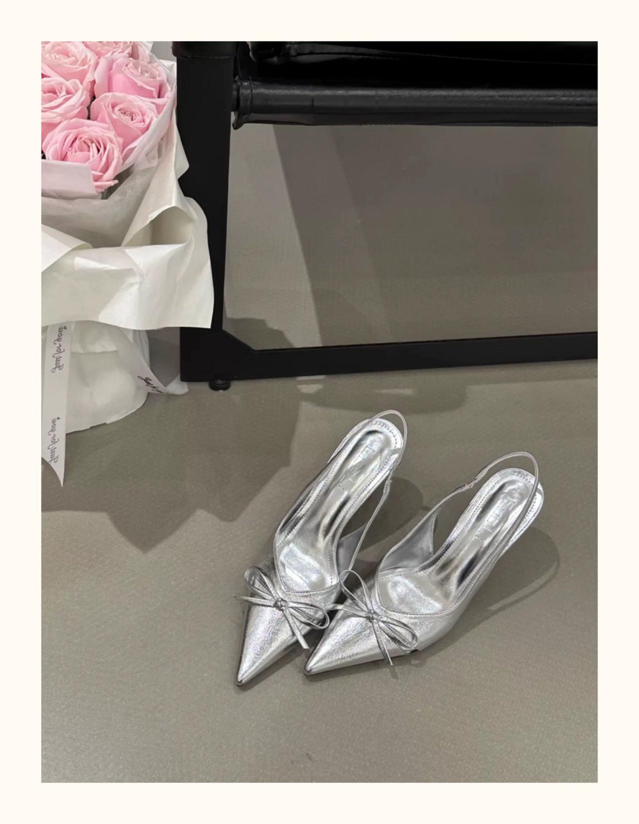 

French high heels bag head sandals fairy shoes 2025 new spring and summer temperament celebrity nude pointed single shoes 35 серебряный