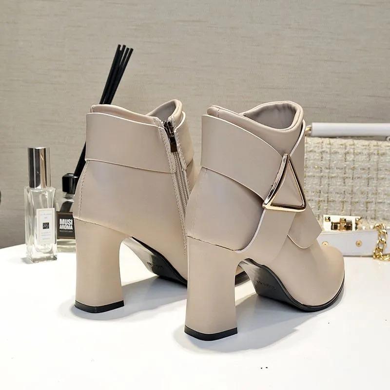 Fall Metal Buckle Side Zipper Pointed Toe Square Heel Anti-Slip Wear-Resistant Short Shoe