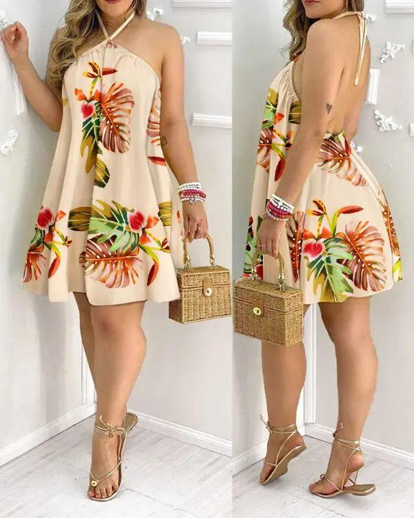 New Summer Printed Off-Shoulder Lace-Up Loose Women's Dress