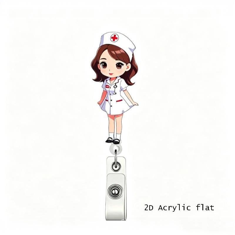 1Pcs 2D Flat Acrylic Badge Holder Retractable Id Badge Holder Scratch-Resistant Cartoon Nurse Badge Reel