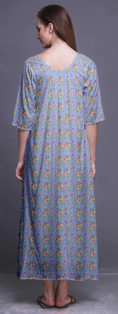 Bimba Dark Rose Brown Floral Leaves & Camellia Kanjiro Printed Nightgowns Maxi Sleepwear For Women Long Sleep Dress