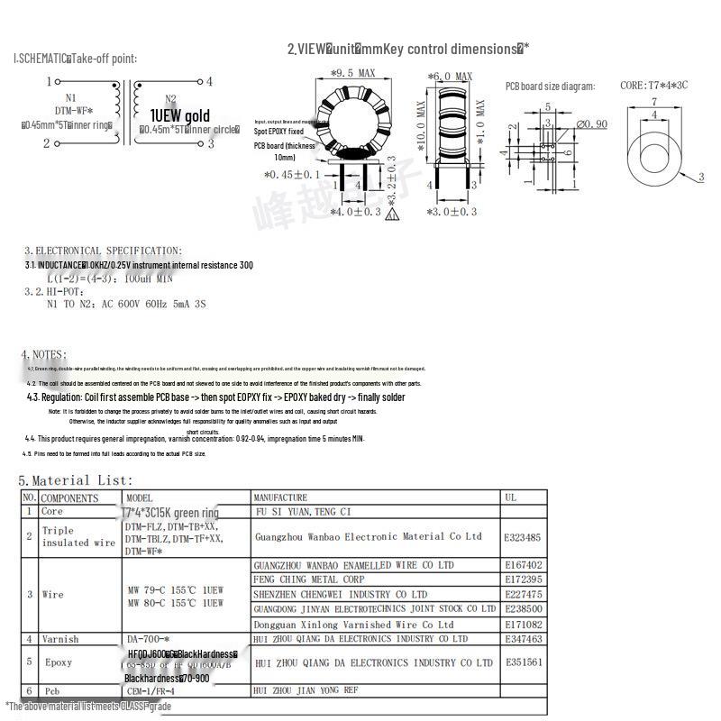 Toroidal Common Mode Inductor with Base Plate: T7x4x3, 0.45 AWG, 4 Turns, 100uH, 3A, Ferrite Core