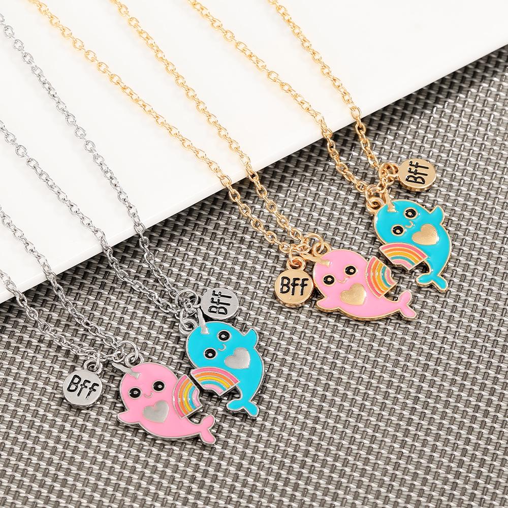 2Pcs/Set Cartoon BFF Round Charm Rainbow Dolphin Design Best Friends Necklace For Girls Frienship Gift