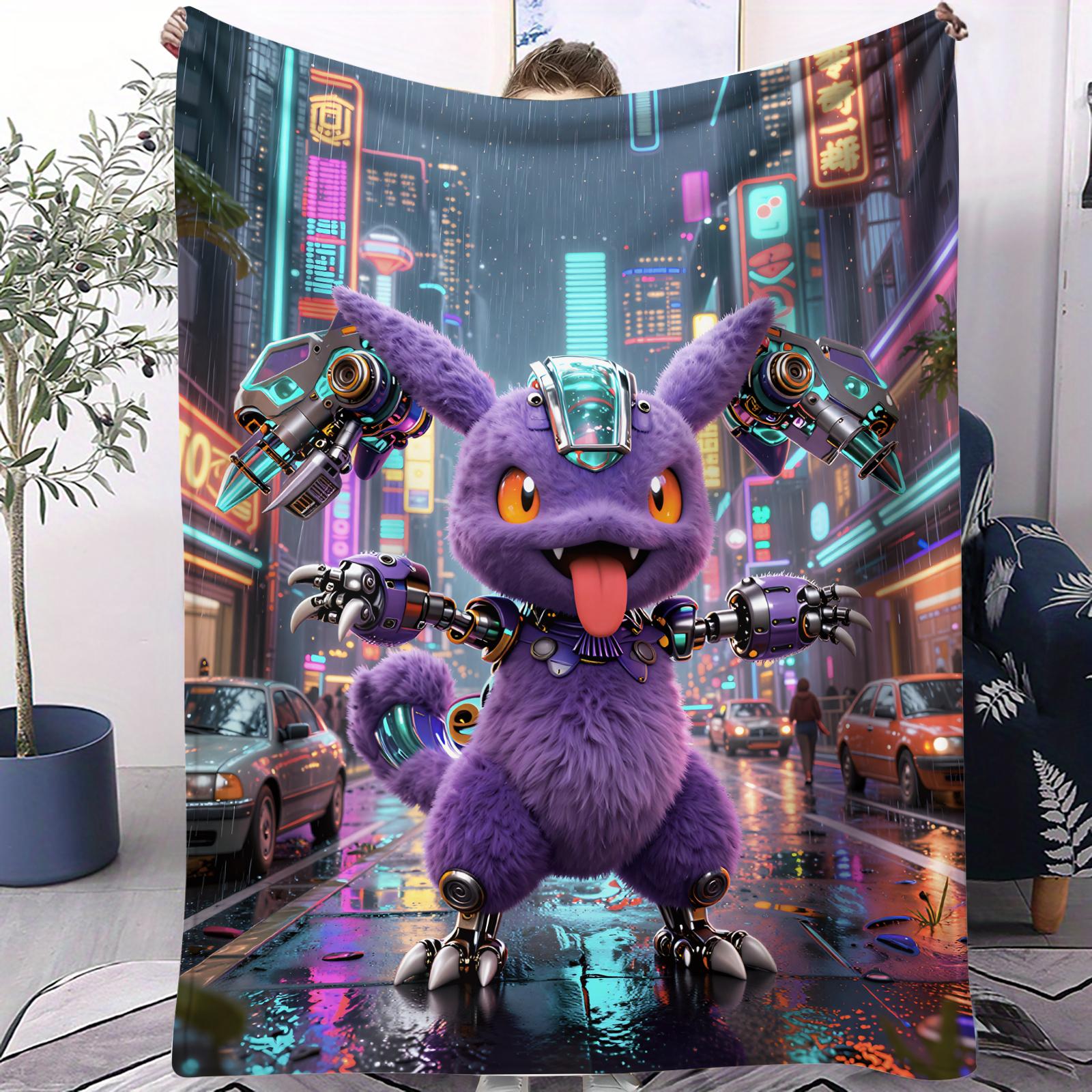 

3D Cyberpunk Urban Neon Pokemon Print Fleece Throw Blanket for Adult Quality Super Soft Warm Blanket for Travel Office Home 70x100cm