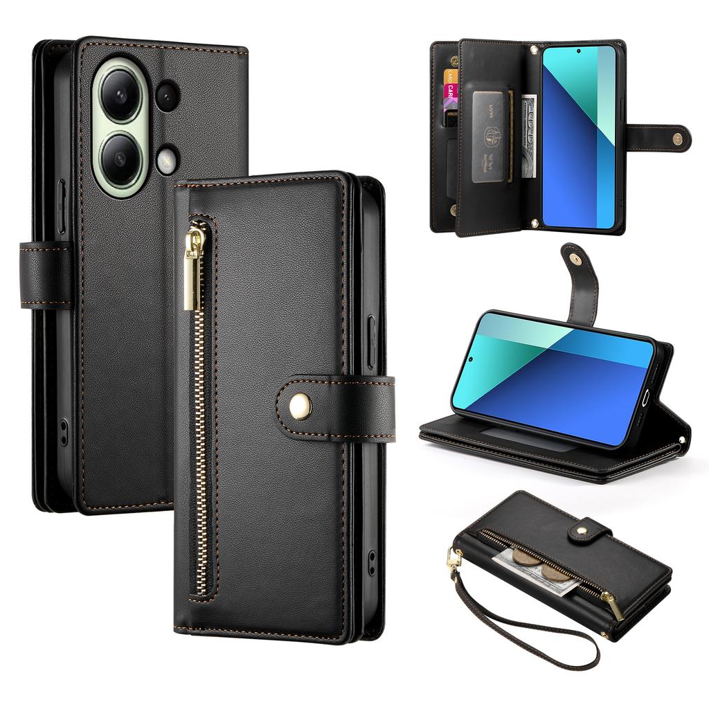 DF-011 For Xiaomi Redmi Note 13 4G Leather Case Zipper Phone Cover with Hand Strap/Shoulder Strap
