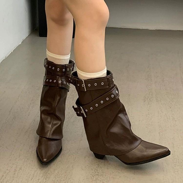 Autumn and Winter New Boots Women's Medium Boots Pointed Belt Buckle Western Trouser Tube Boots Fried Street, Martin Boots