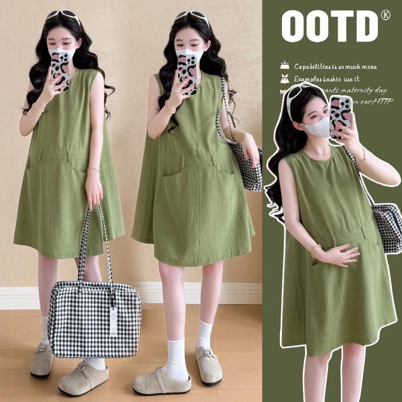 Maternity Mori Style Linen Sleeveless Dress – Loose Fit for Petite Pregnant Women