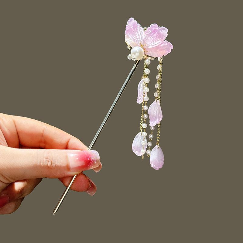 Female Alloy Hairpin With Long Tassel Chinese Hair Stick Blue Petal Headwear Fairy Pearl Cheongsam Decor Haie Bun Jewelry