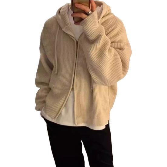Men Fall Winter Sweater Coat Hooded Drawstring Loose Zipper Closure Long Sleeves Drawstring Mid Length Solid Color Retro Knitted Jacket