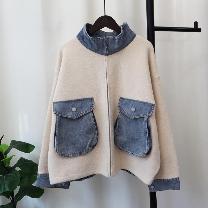 

Осень и зима новый кардиган из денима и трикотажа с молнией и вставками, двусторонний шерстяной, темпераментный свитер-жакет для женщин One size абрикосовый