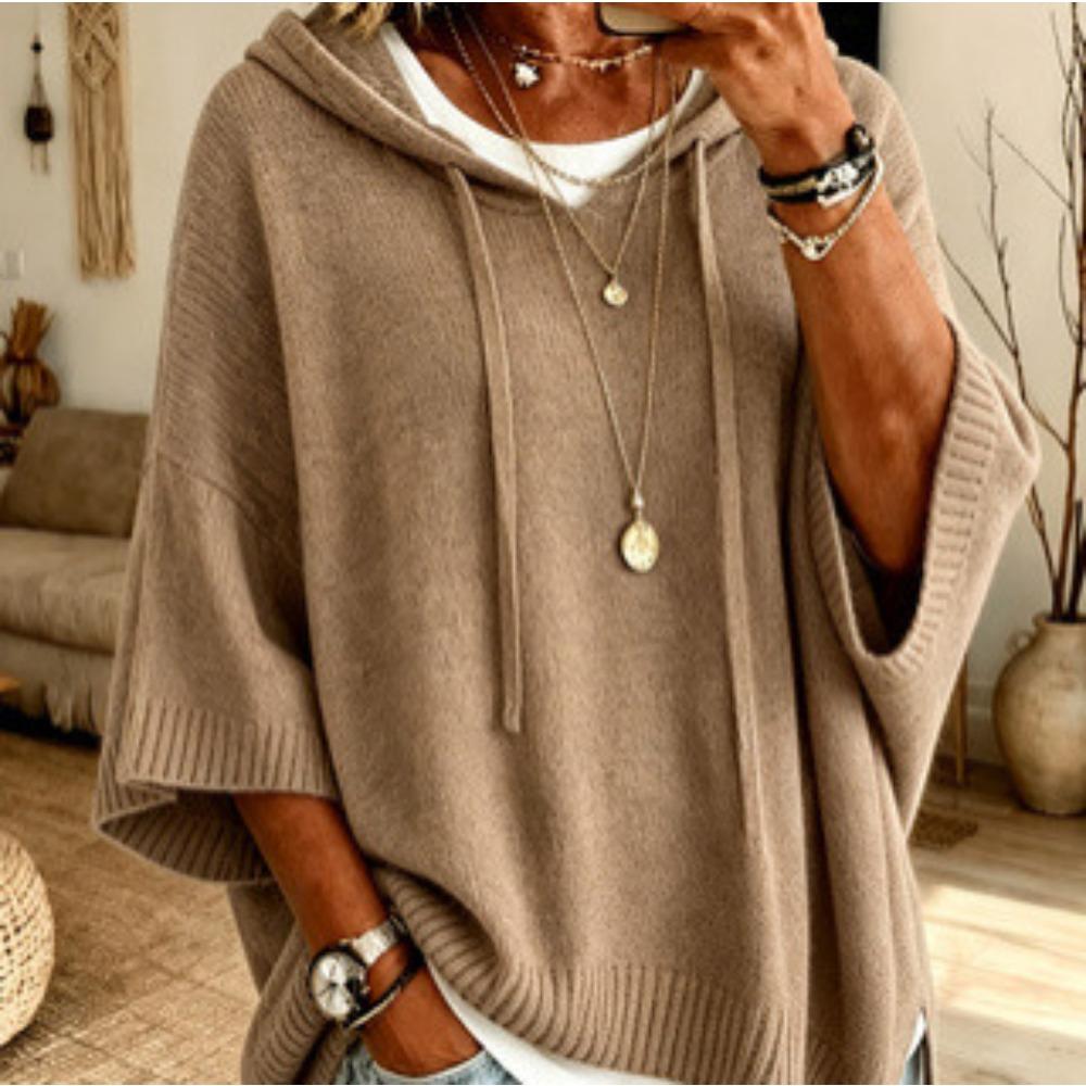 Women New Knit Hooded Drawstring Sweatshirt, Loose Casual Knitted Outerwear Sweater